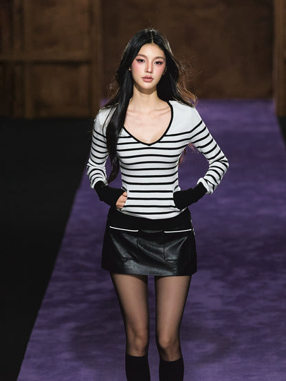 Tweed-Inspired Contrast Low-Waist Faux Leather Mini Skirt