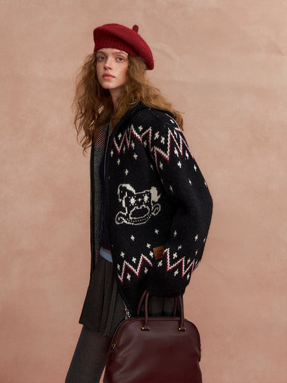 Fair Isle Horse-Pattern Hooded Cardigan
