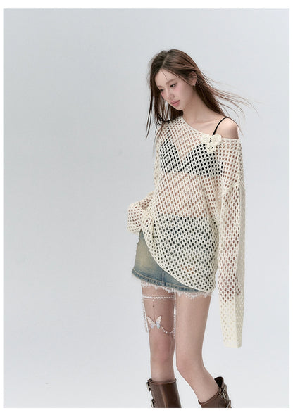 Milk Silk Sheer Mesh Hollow-Out Blouse - CHINASQUAD