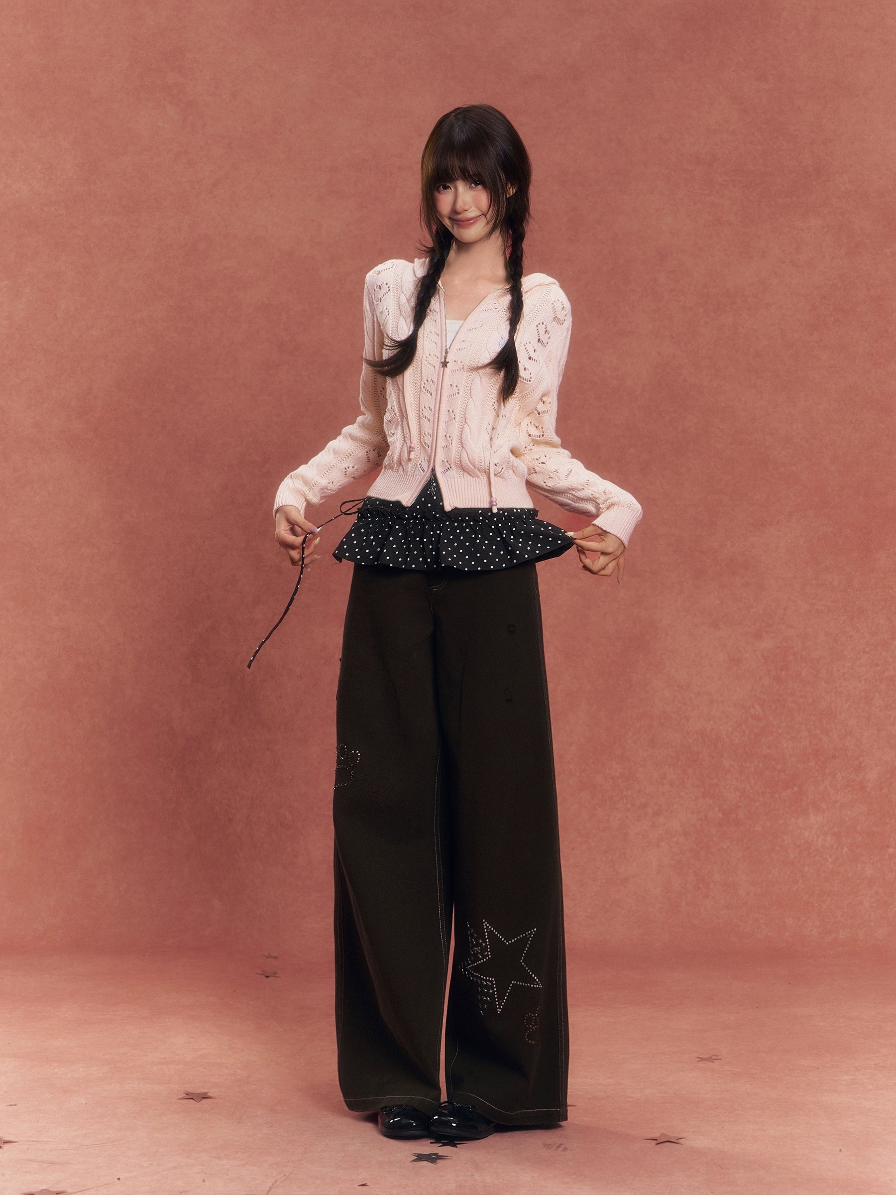 Heart Cutout Cable-Knit Hooded Cardigan