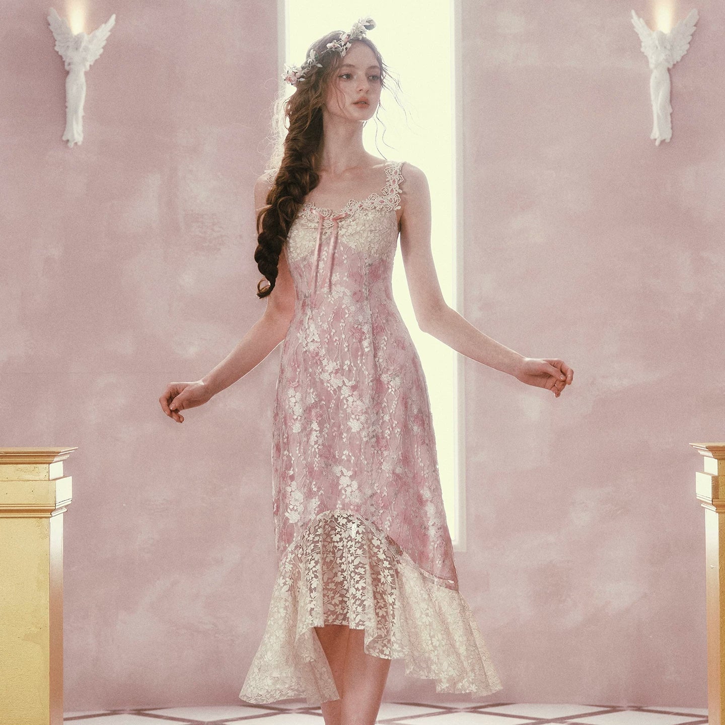 Floral Rococo Lace Mermaid Midi Dress