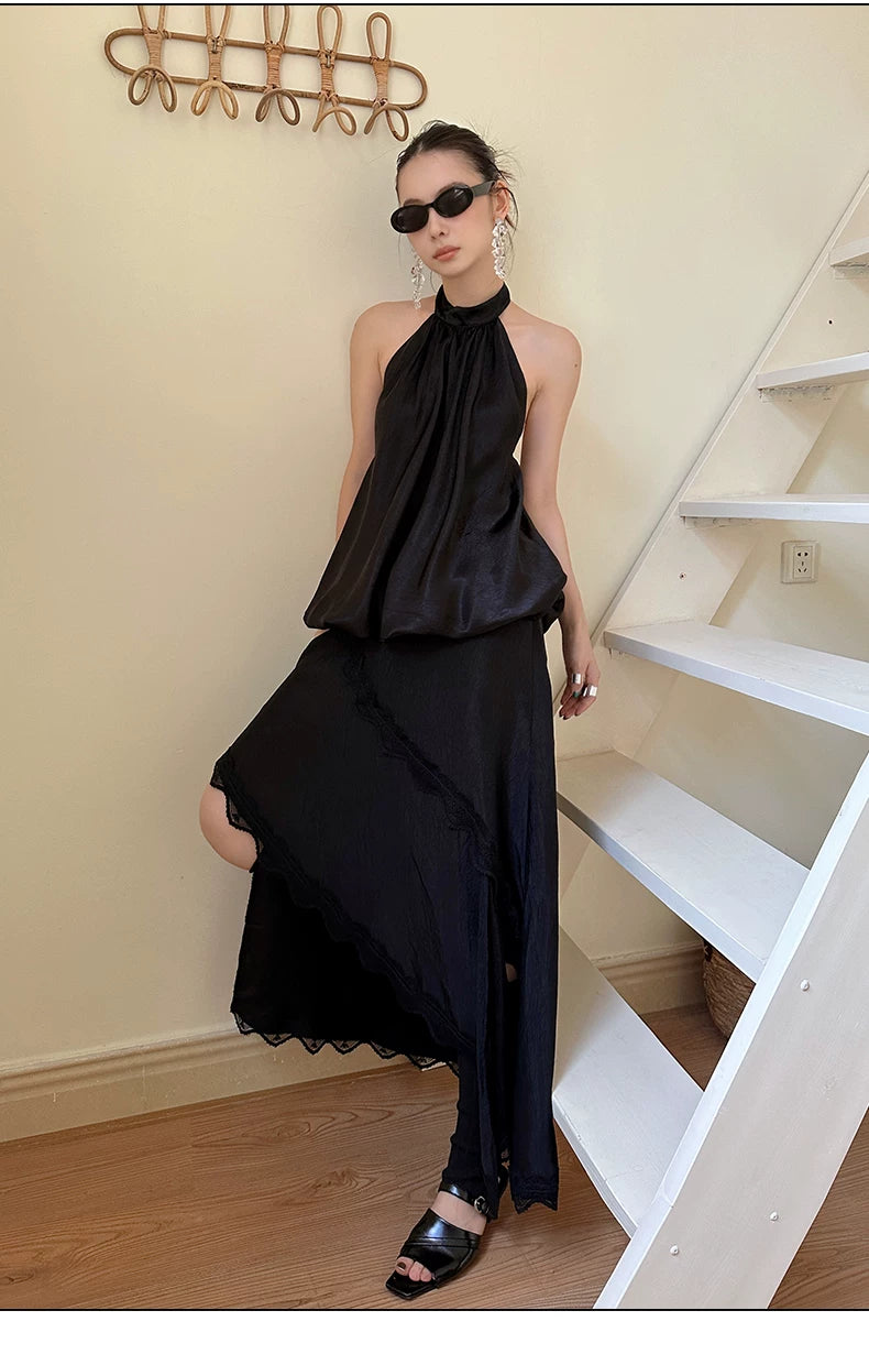 Irregular Hem Acetate Lace Maxi Skirt