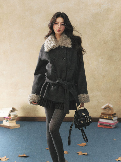 Fur Collar Tie-Waist Wool-Blend Jacket