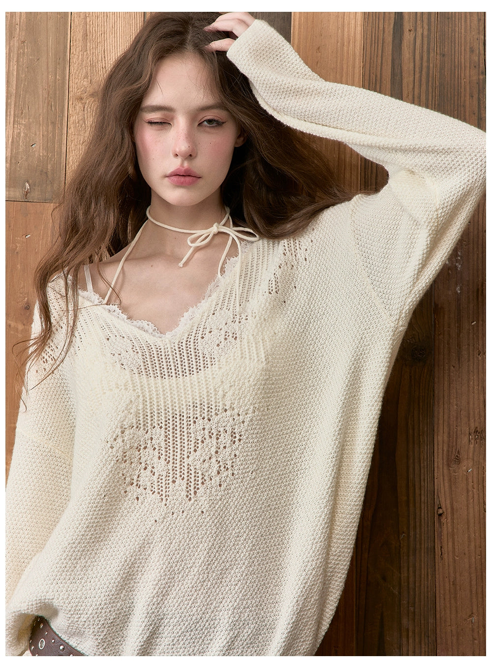 Lace Trim V-Neck Wool Blend Knit Sweater
