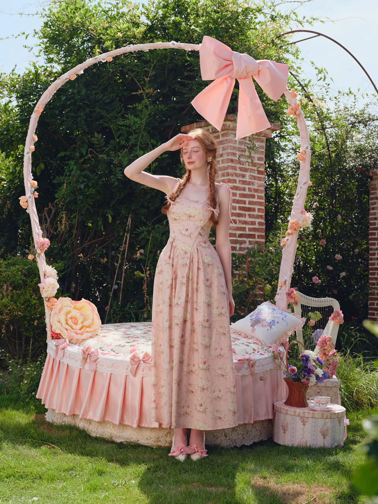 French Sweet Floral Corset Slip Pink Dress