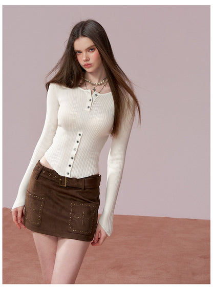 Ribbed Silk-Blend Buttoned Knit T-Shirt