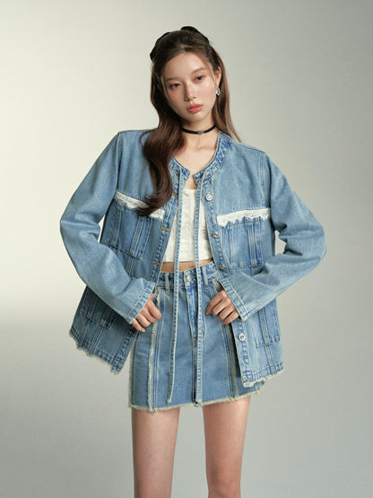 Lace Spliced Denim Jacket &amp; Mini Skirt Set - CHINASQUAD