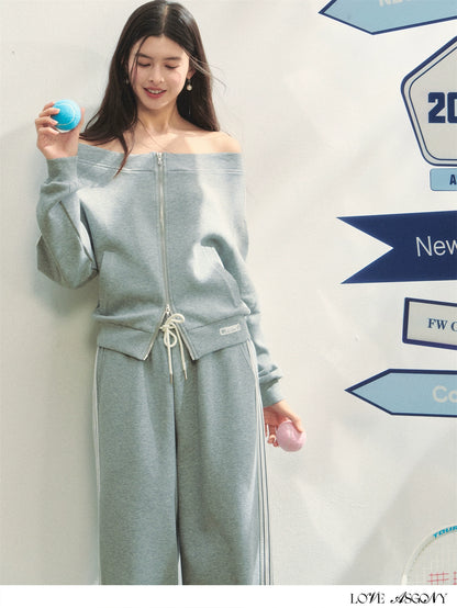 Off-Shoulder Zip-up Sweatshirt &amp; Pants Set - CHINASQUAD