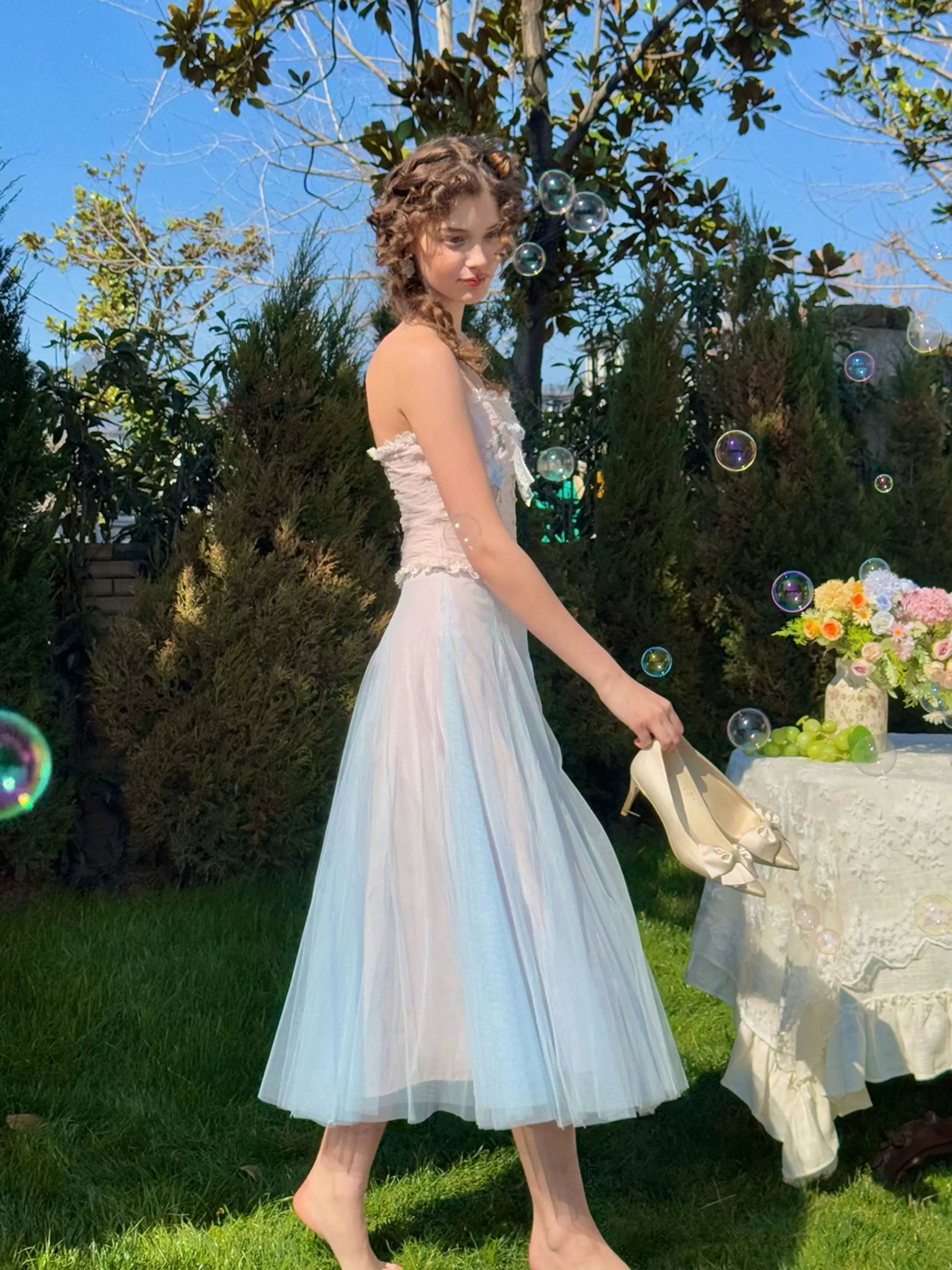 Blue Lily Strapless Corset Top &amp; Mesh Skirt Set