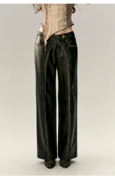 Black Vintage Straight-leg Leather Pants - CHINASQUAD