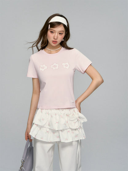 Flower Applique Round Neck T-shirt
