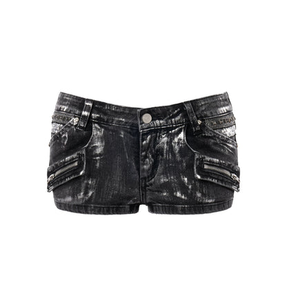 Black Low-Rise Heavy Washed Multi-Pocket Denim Shorts