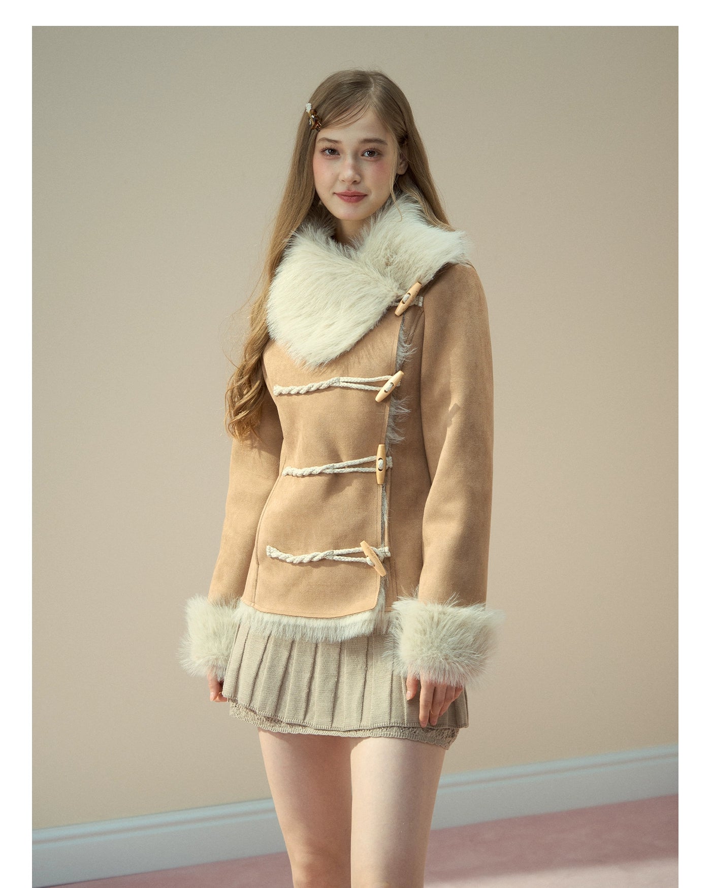 Vintage Suede Faux Fur Toggle Coat