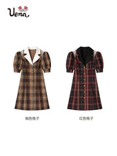 Collar Plaid Bubble Sleeve Dress - CHINASQUAD