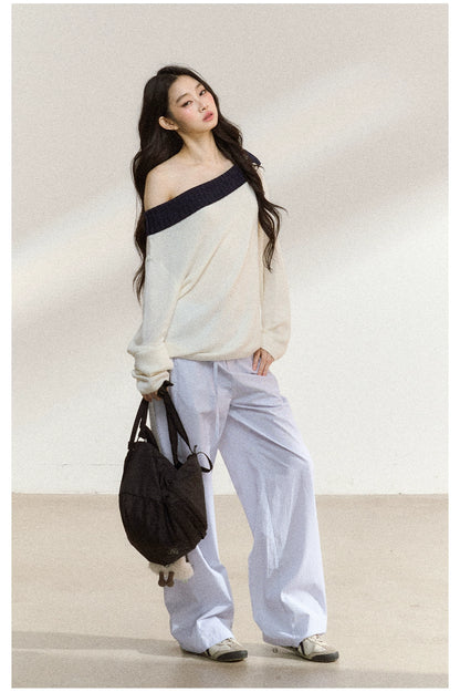 Two-Tone Asymmetric Off-Shoulder Knit Sweater