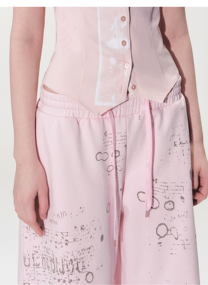 Vintage Graphic Drawstring Wide-Leg Pants