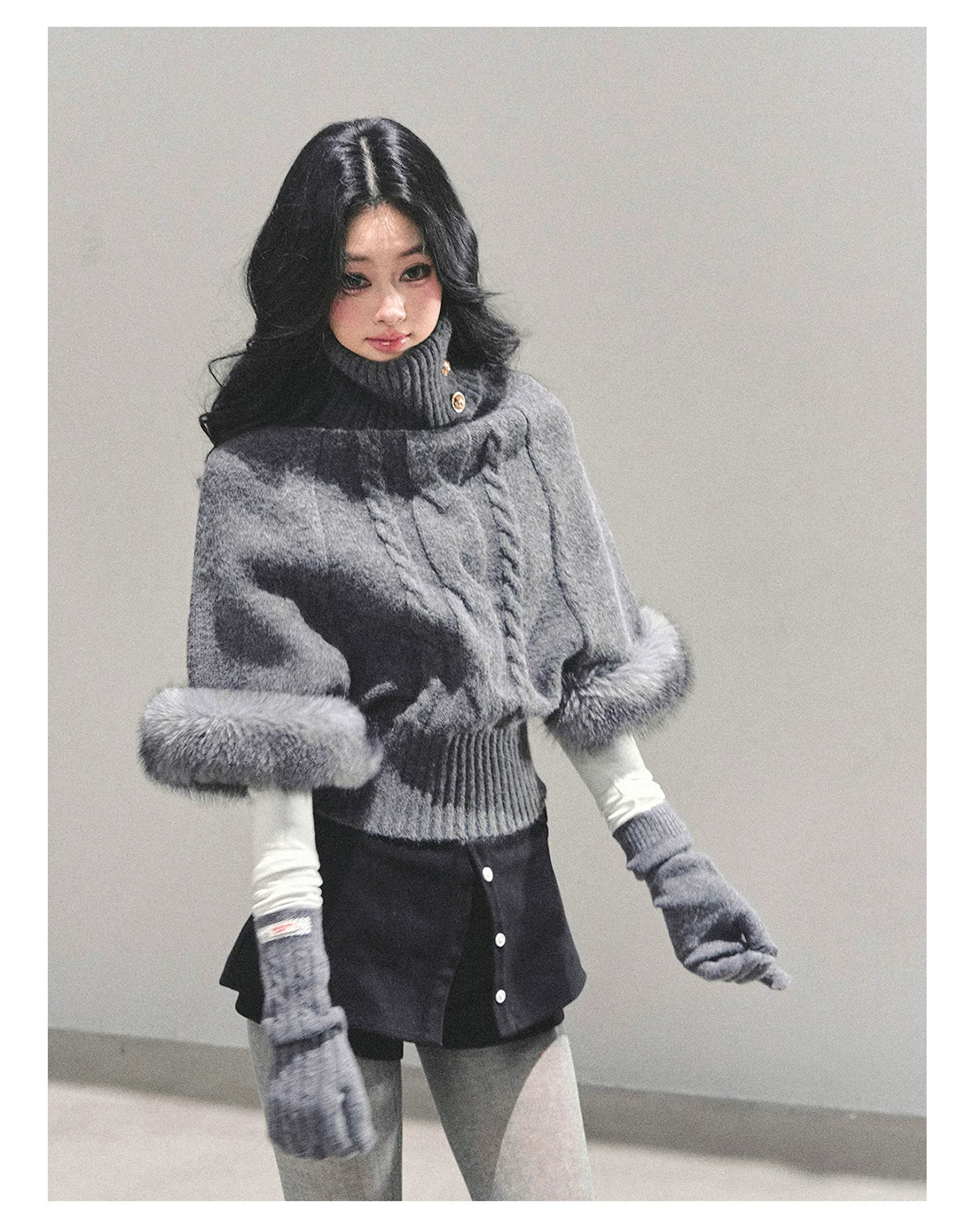 High-Neck Cable Knit Sweater