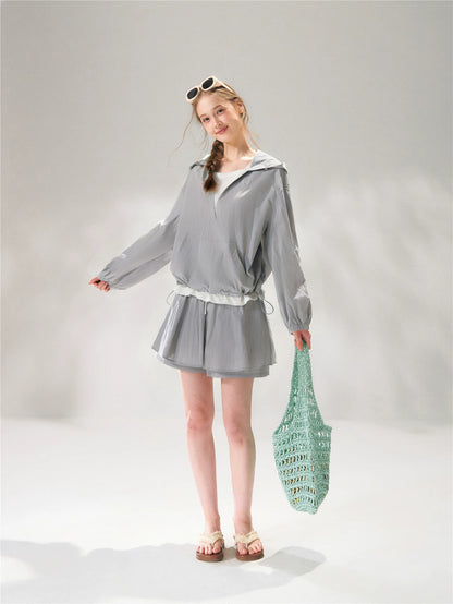 Hooded Drawstring Sun-Protective Jacket &amp; A-Line Skirt Set