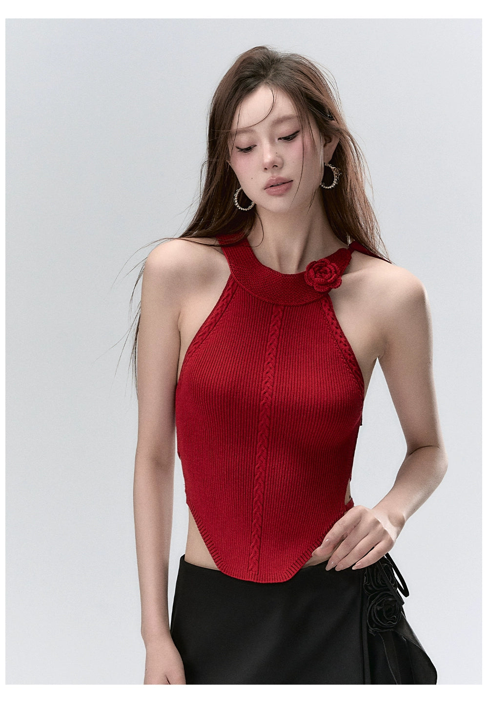 Red &amp; Beige Rose Decor Crewneck Knitted Vest - CHINASQUAD