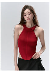 Red & Beige Rose Decor Crewneck Knitted Vest - CHINASQUAD