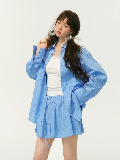 Collar Cut-Out Floral Shirt &amp; Skirt Set