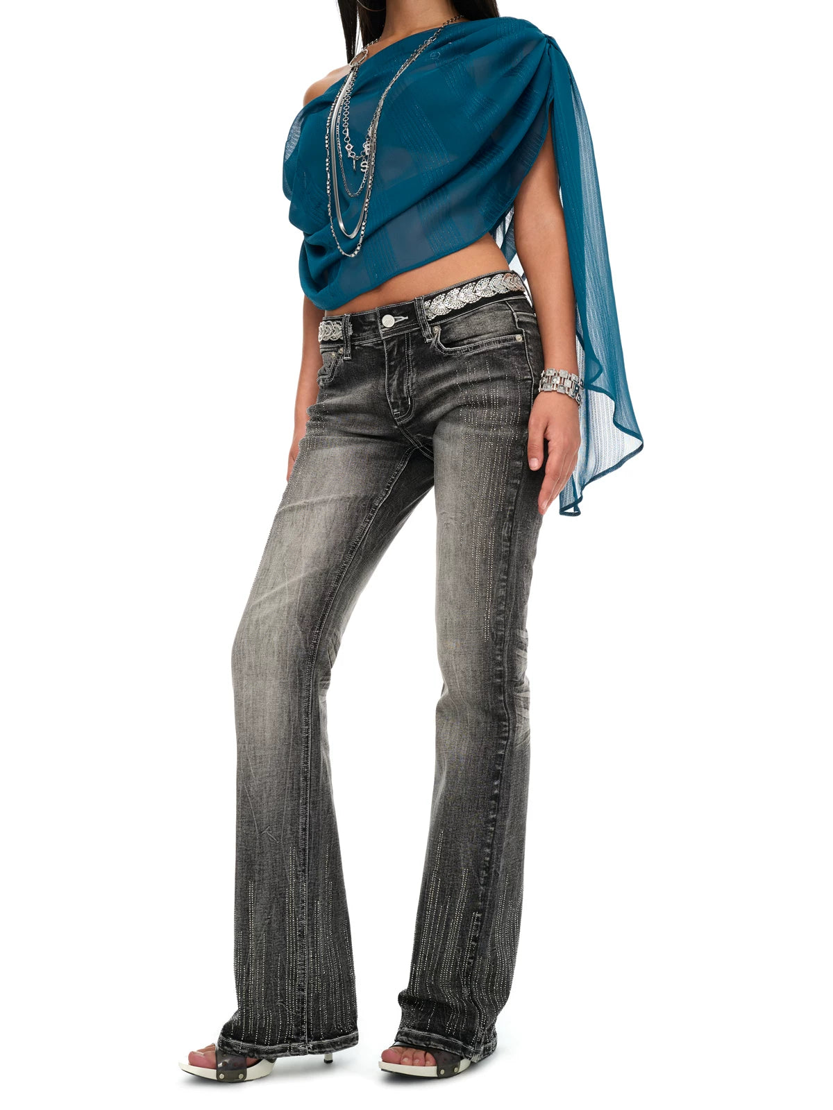 Vintage Embellished Flared Stretch Denim Jeans