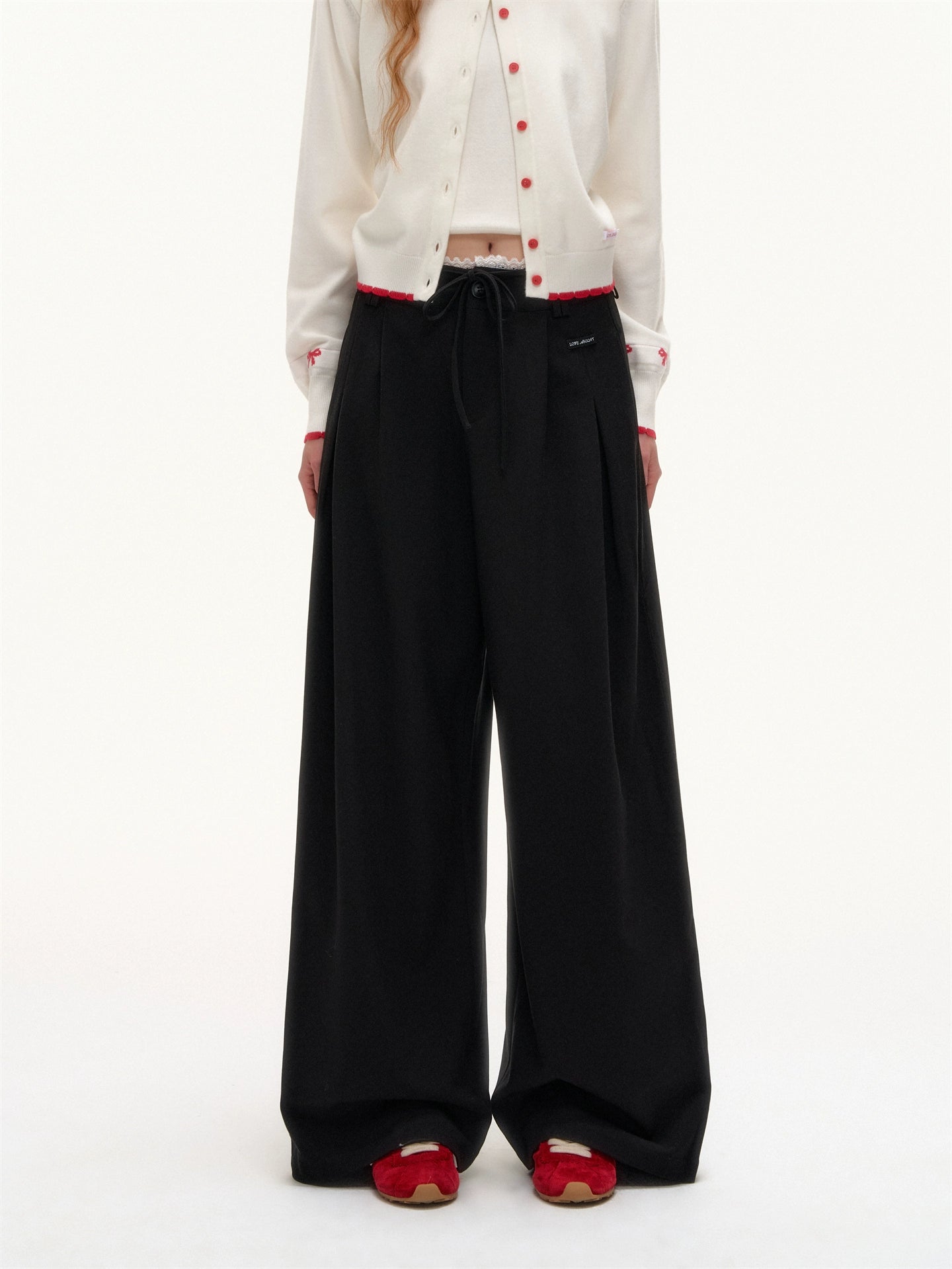 Lace-Trim Waist Tie Wide-Leg Pants