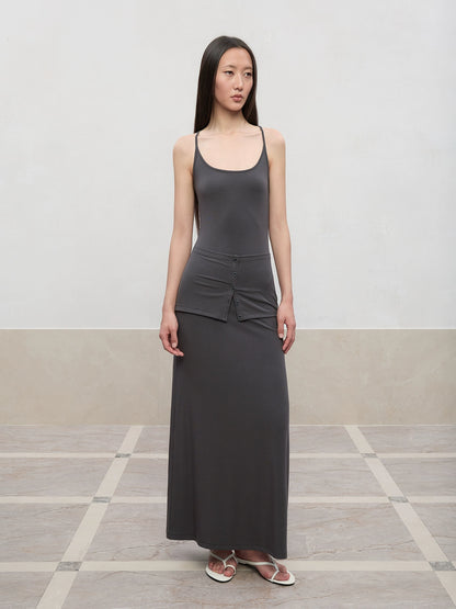 Deep U-Neck Button-Strapped Dress