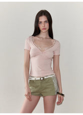 Lace Panel Ruched Slim-Fit T-Shirt NeverMore