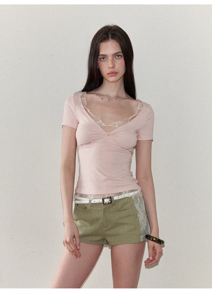 Lace Panel Ruched Slim-Fit T-Shirt NeverMore
