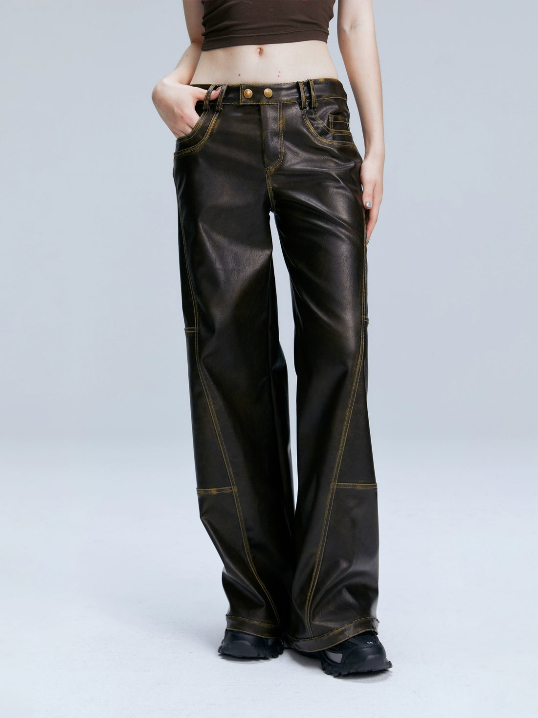 Brown PU Straight-Leg Pants