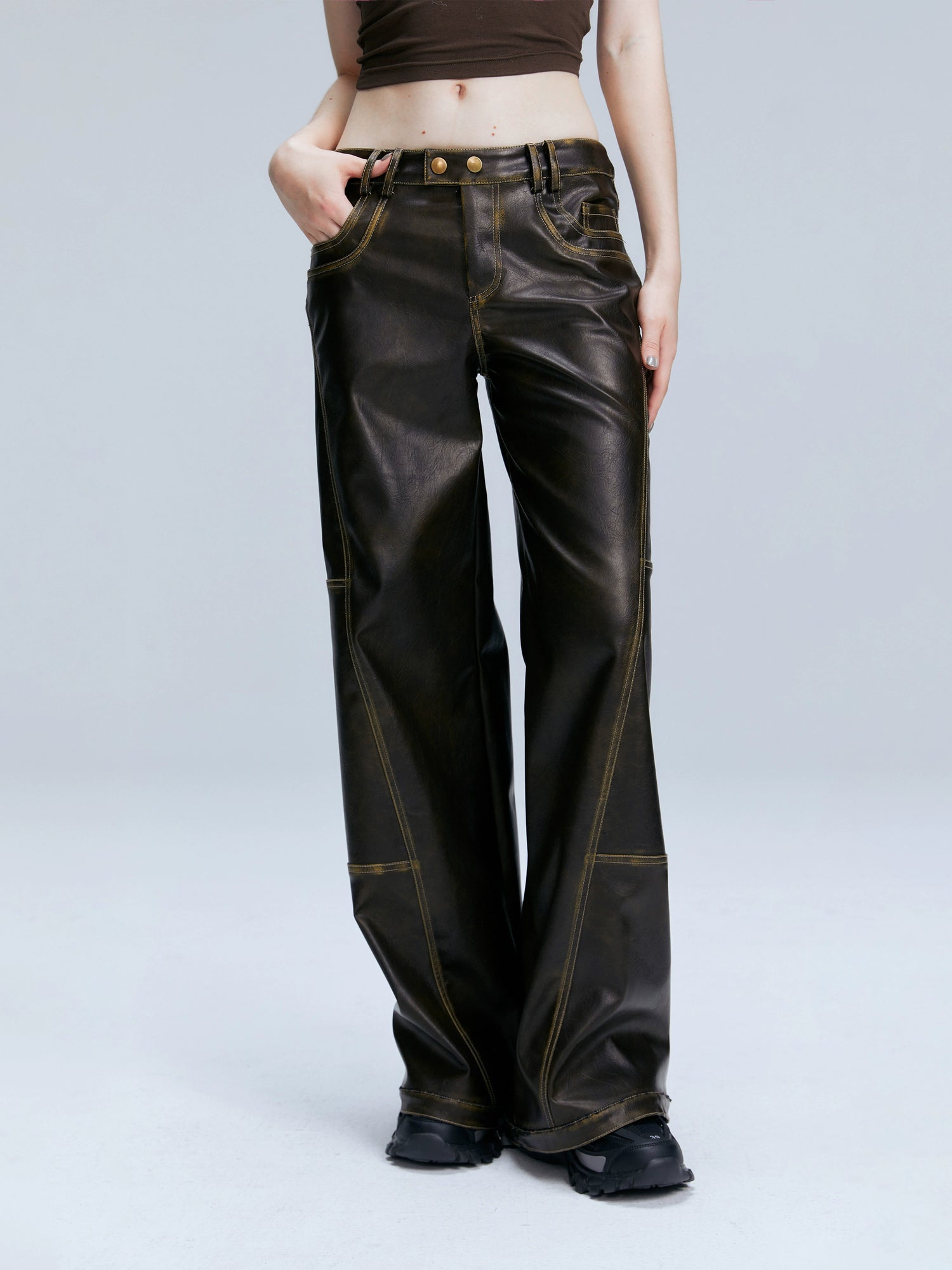 Brown PU Straight-Leg Pants