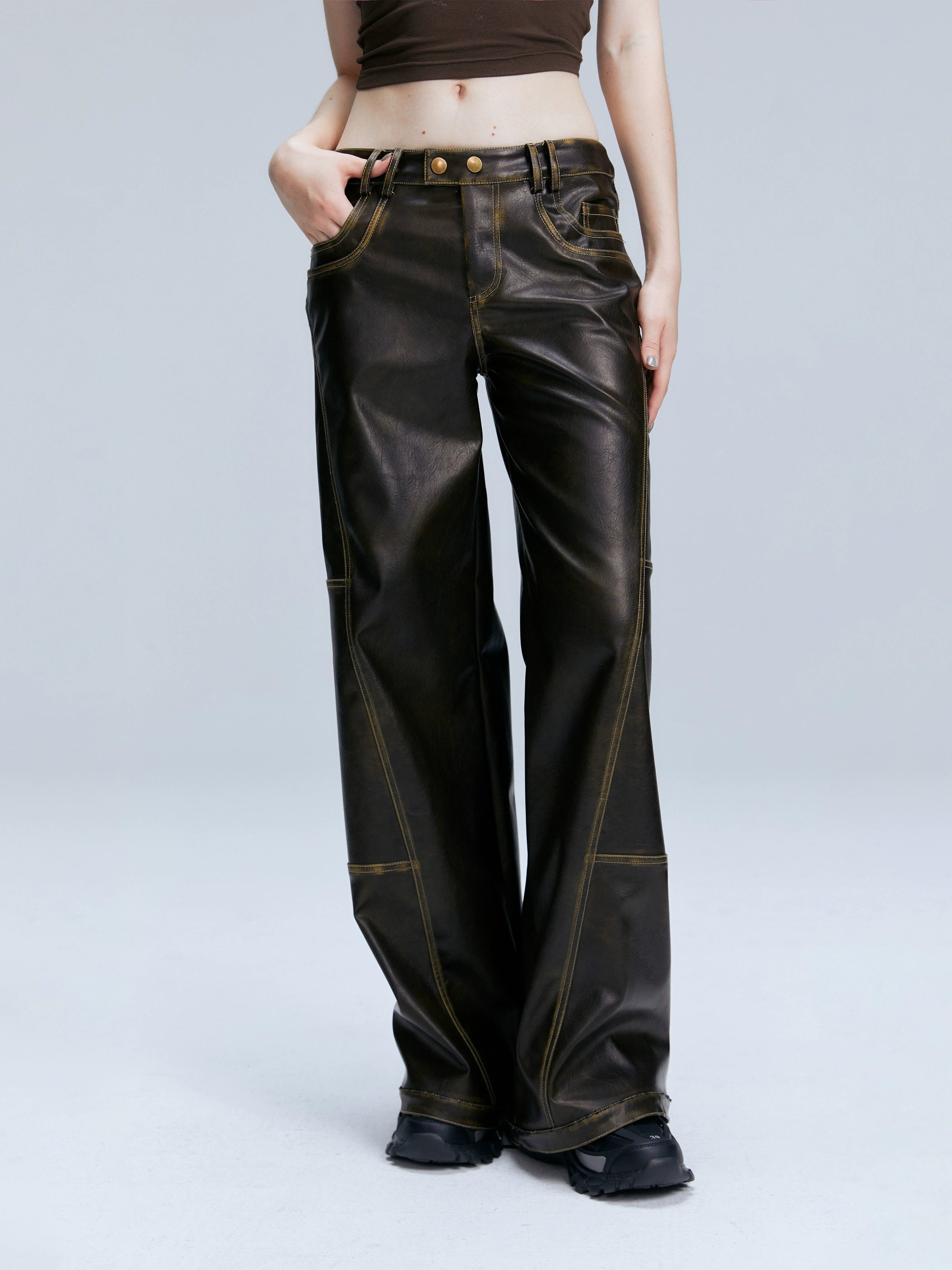 Brown PU Straight-Leg Pants