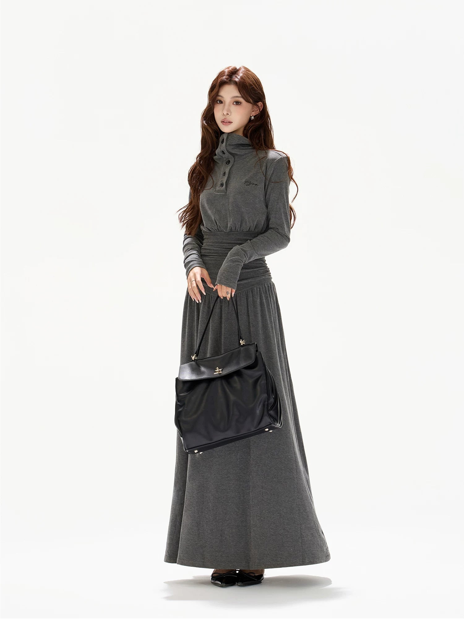 Pleated Waist-Defining A-Line Maxi Dress