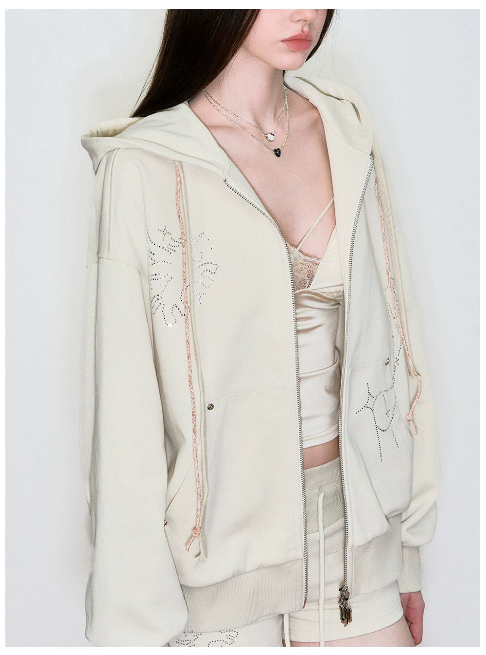 Rhinestone-Embellished Hooded Sweatshirt Jacket