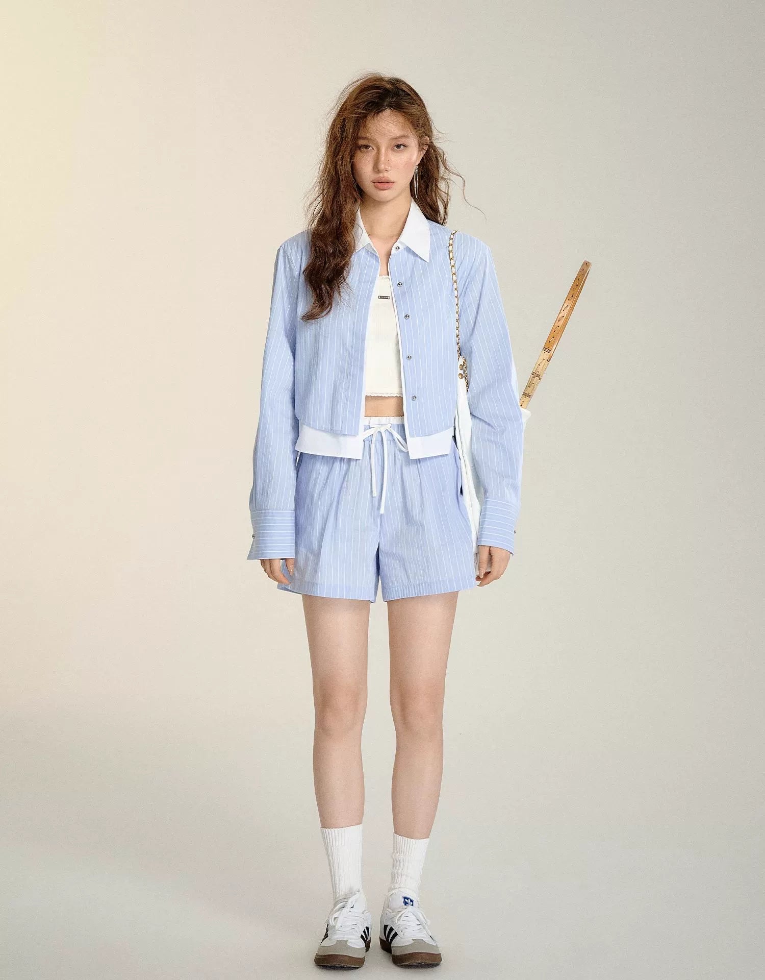 Blue &amp; White Layered Faux Two-piece Striped Shirt &amp; Shorts