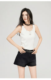 White & Black Butterfly Printed U-neck Tank Top - CHINASQUAD