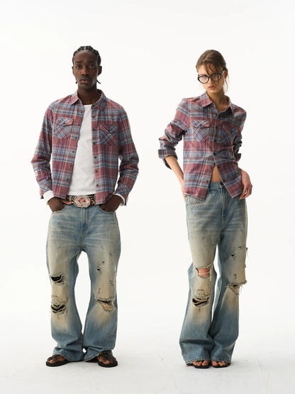 Cropped Embroidered Check Shirt