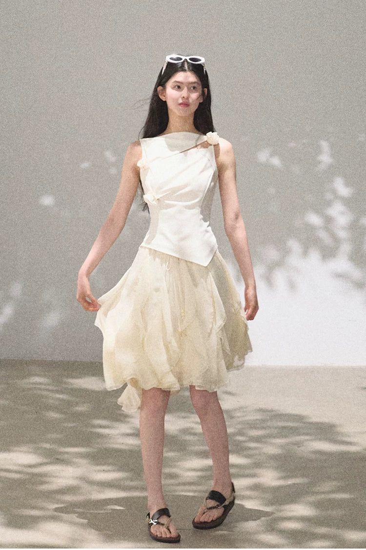 Asymmetric Ruffle Lace-Trim A-Line Midi Skirt