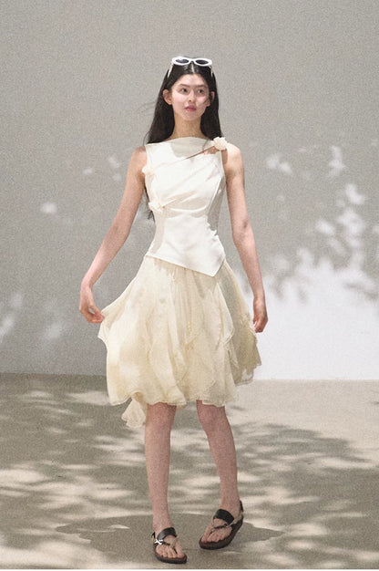 Asymmetric Ruffle Lace-Trim A-Line Midi Skirt