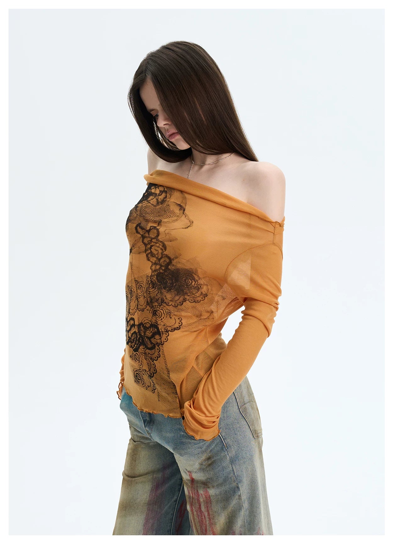 Lyocell Off-Shoulder Knit Crewneck