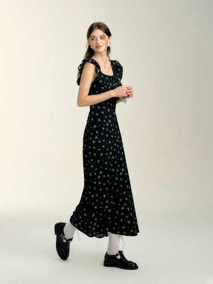 Black Tie-up Floral Dress