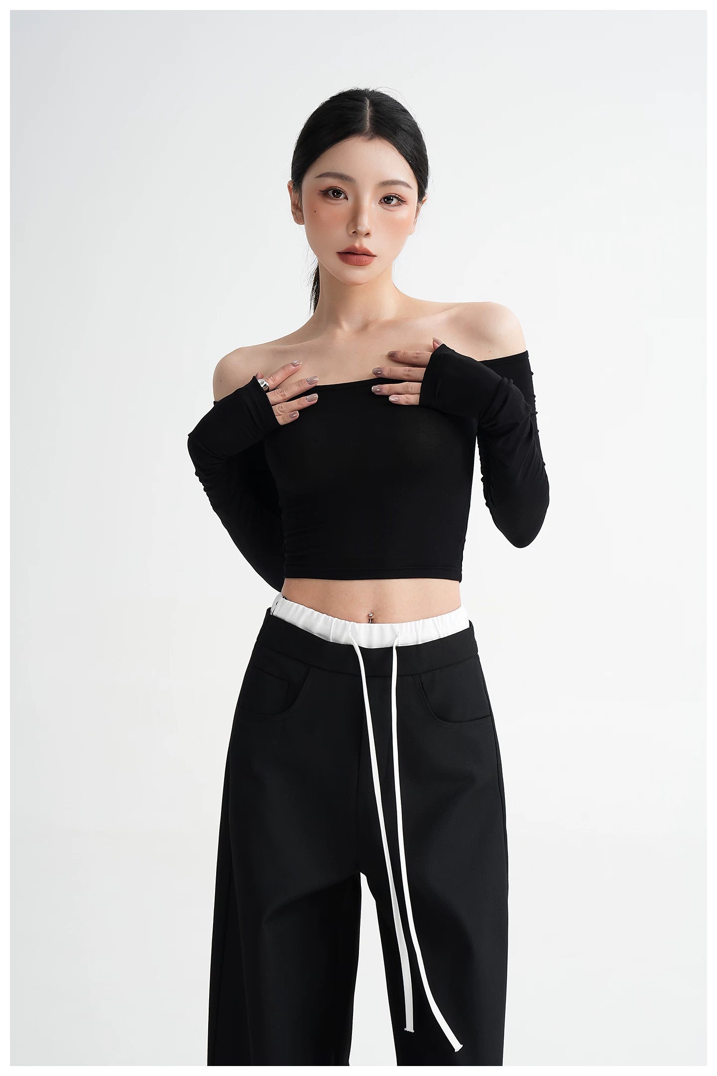 Off-Shoulder Cropped Fitted Long Sleeve T-Shirt