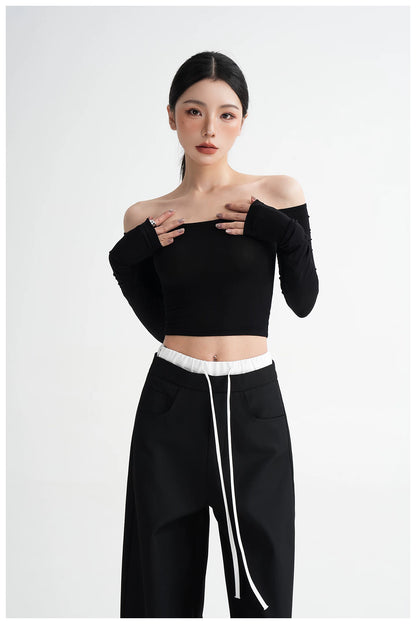 Off-Shoulder Cropped Fitted Long Sleeve T-Shirt