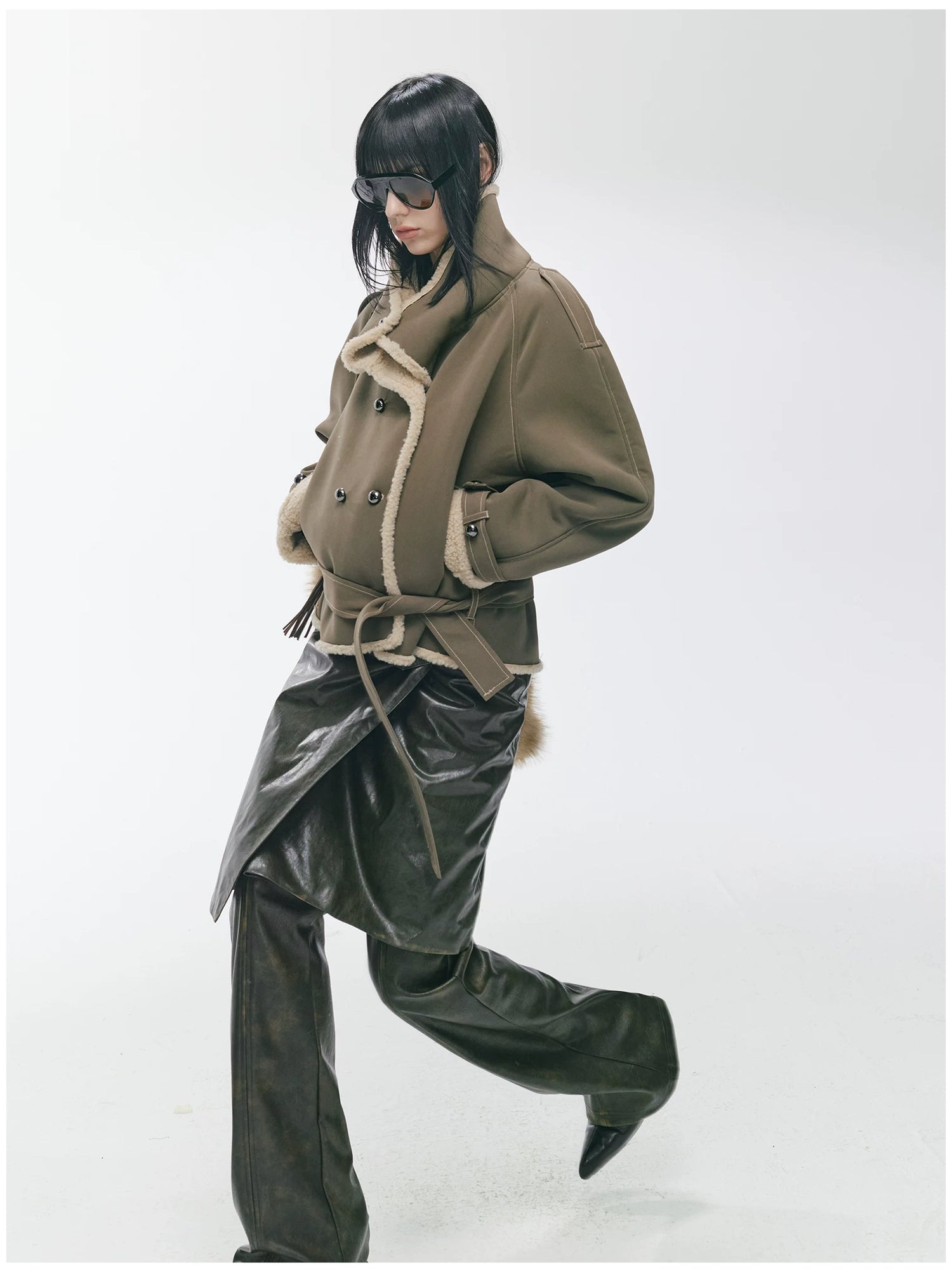 Contrast Fleece-Panelled Shearling Short Coat