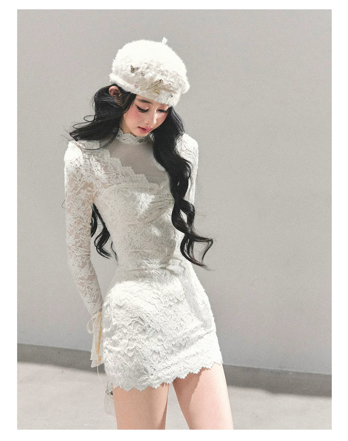 Lace Mesh Long-Sleeve Mini Dress
