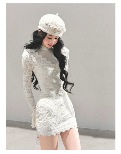 Lace Mesh Long-Sleeve Mini Dress