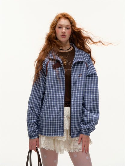 Retro Plaid Colorblock Windbreaker Jacket