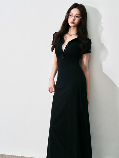 Half-Placket Polo Collar Knit Maxi Dress