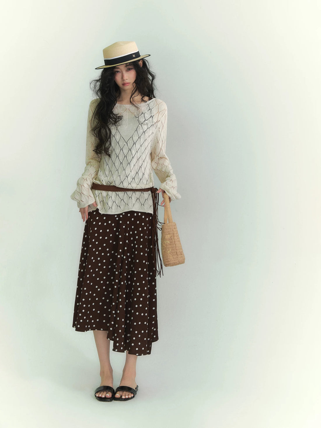 Openwork Diamond-Knit Washi Yarn Long-Sleeve Top